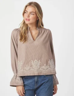 neo noir Amara Striped Emb Bluse - Camel camelcolour Best