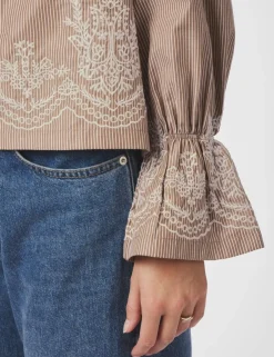 neo noir Amara Striped Emb Bluse - Camel camelcolour Best