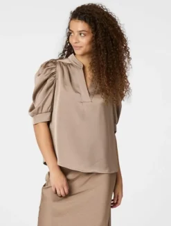 neo noir Roella Heavy Sateen Bluse - Sand beige Outlet